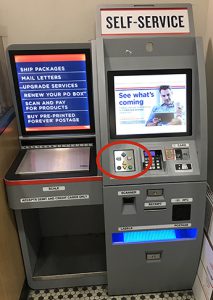 A kiosk labeled "self-service" with two screens. The keypad depicted in the image is circled.